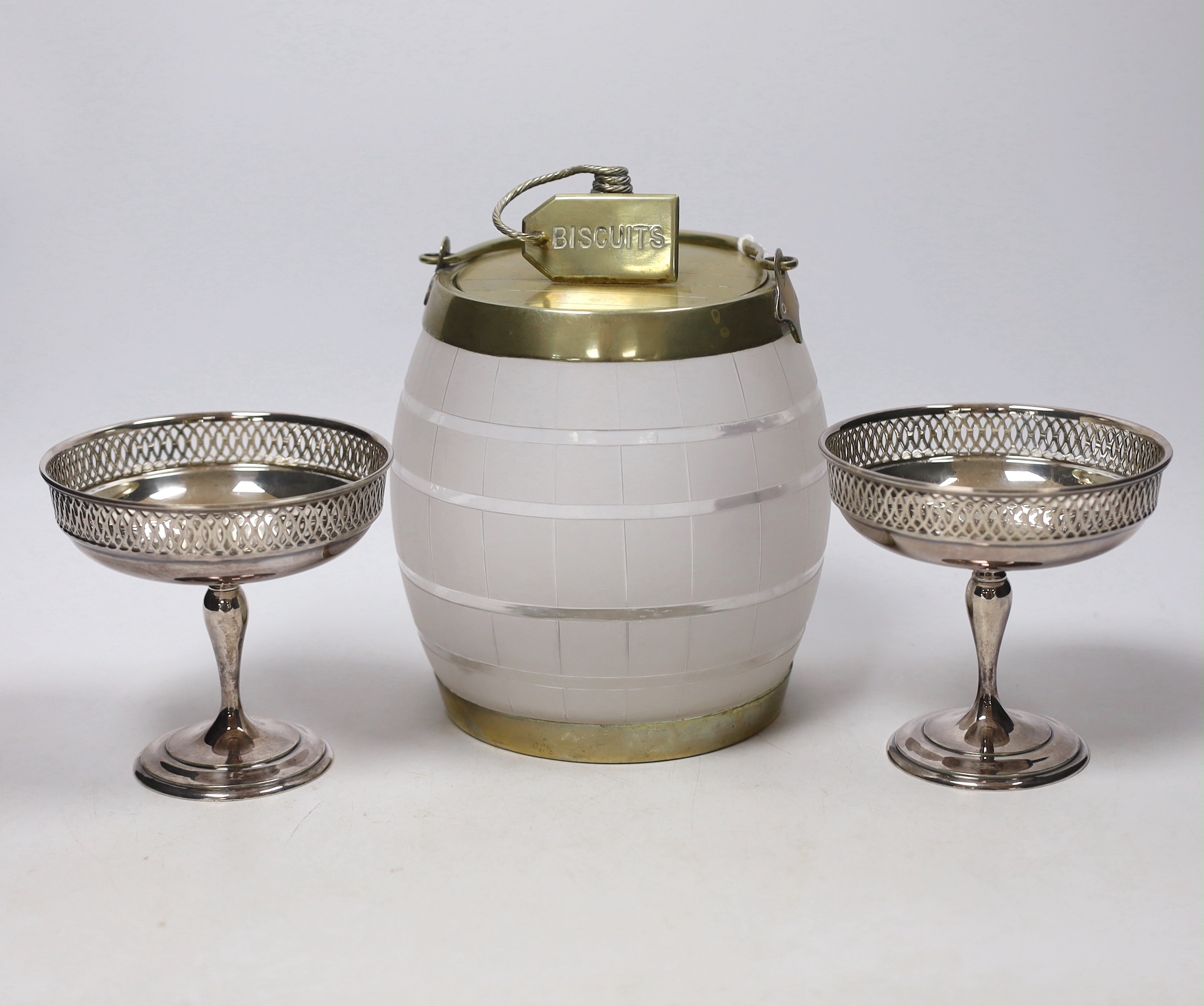 A vintage frosted glass 'BISCUIT' barrel with plated mounts, the cover with 'coiled rope' finial, impressed 'Whiteleys, Westbourne Grove' together with two small sweetmeat tazzas, tallest 17cm